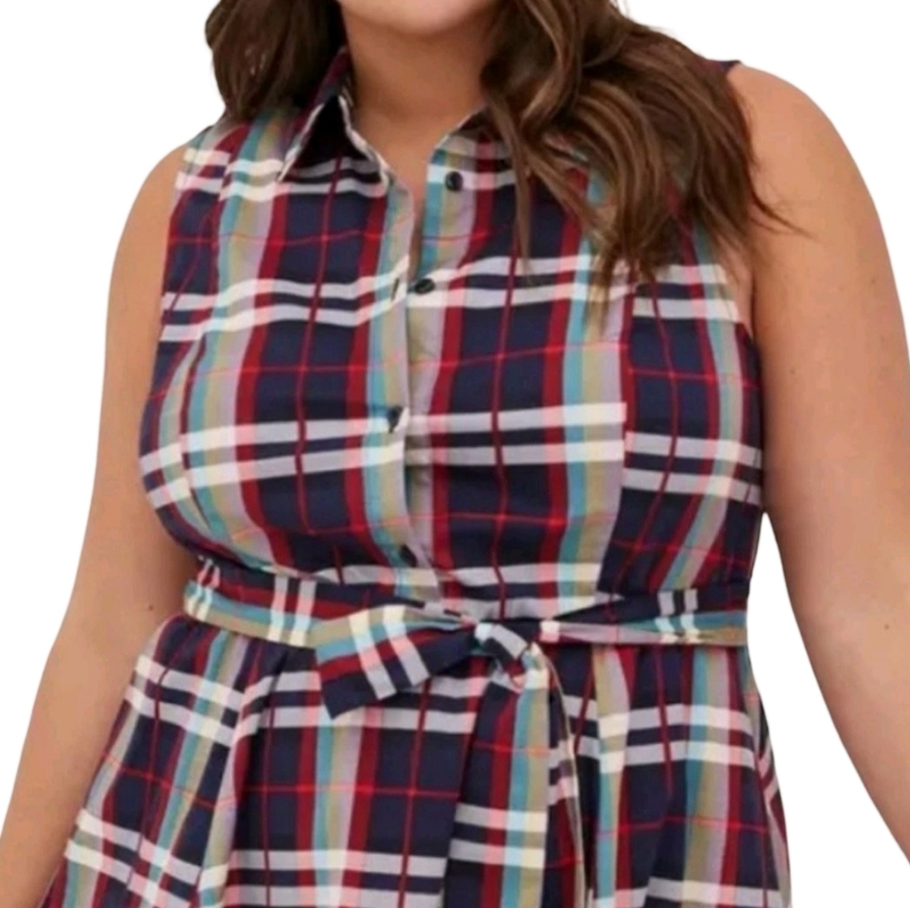 Torrid Womens Plus Size 4 Plaid Sleeveless Button Front Belted Shirt Dress Navy - Picture 7 of 9